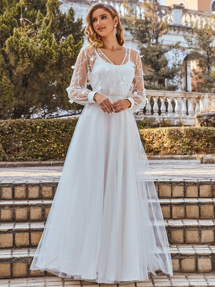 Color=Cream | Elegant Wholesale Tulle Wedding Dress With Lace Decoration-Cream 1