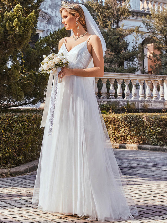Color=Cream | Fashionable High Waist Wholesale Wedding Dress With Spaghetti Straps-Cream 1