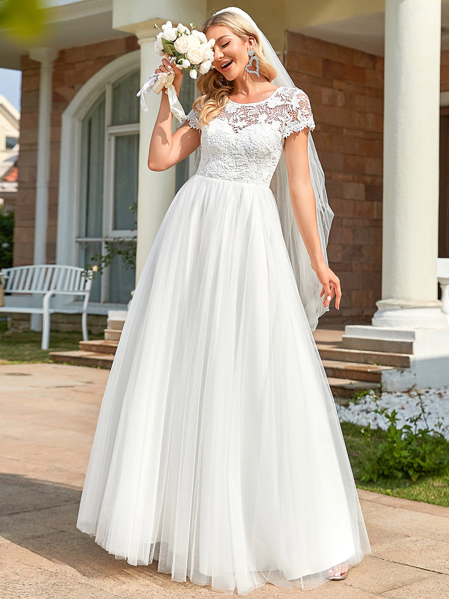 Color=White | A Line Wholesale Wedding Dresses with Round Neck and Short Sleeves-White 1