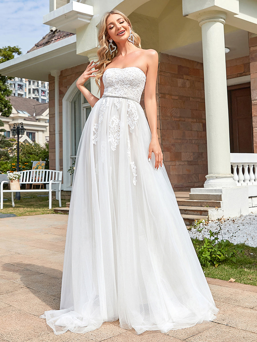 Color=Ivory | Strapless A Line Wholesale Wedding Dresses with Cute Waist belt-Ivory 1
