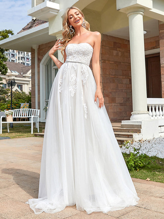 Color=Ivory | Strapless A Line Wholesale Wedding Dresses with Cute Waist belt-Ivory 1