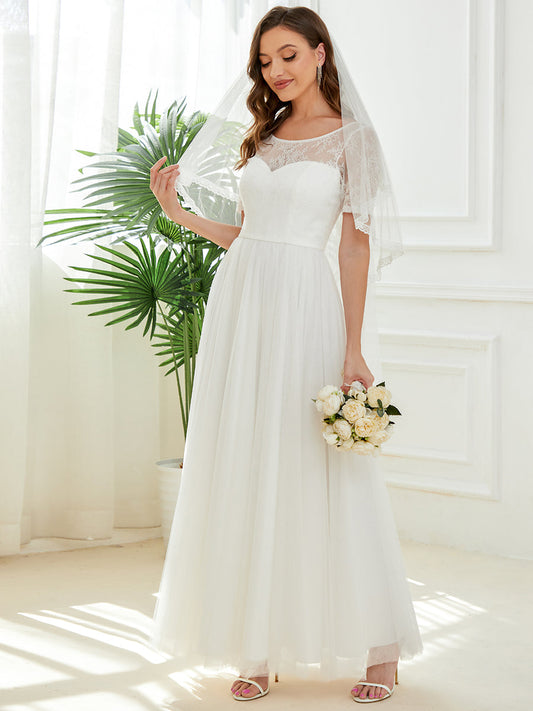 Color=White | Cute A Line Half Sleeves Round Neck Wholesale Wedding Dresses-White 1