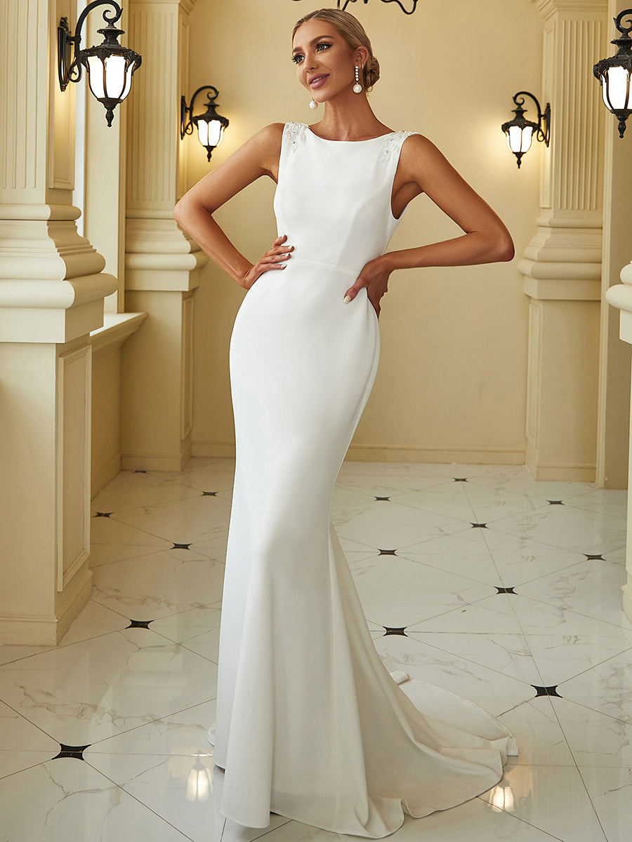 Sleeveless Fishtail Wholesale Wedding Dresses with Round Neck