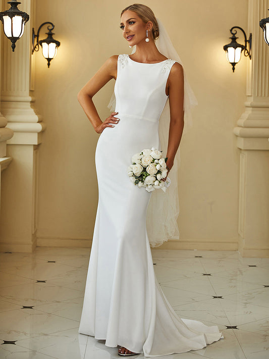 Color=White | Sleeveless Fishtail Wholesale Wedding Dresses with Round Neck-White 1