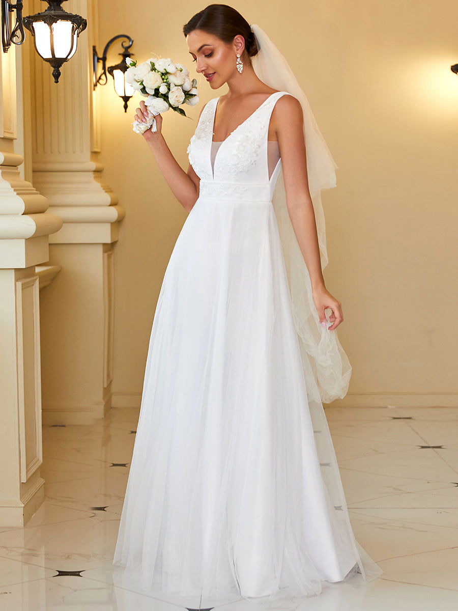 Color=White | Elegant Sleeveless A Line Wholesale Wedding Dresses with Deep V Neck-White 1