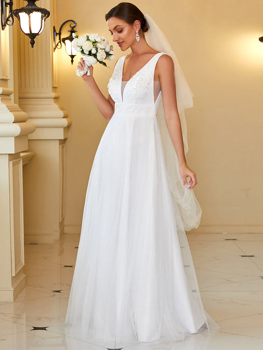 Color=White | Elegant Sleeveless A Line Wholesale Wedding Dresses with Deep V Neck-White 1