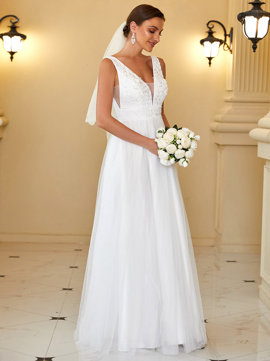 Elegant Sleeveless A Line Wholesale Wedding Dresses with Deep V Neck