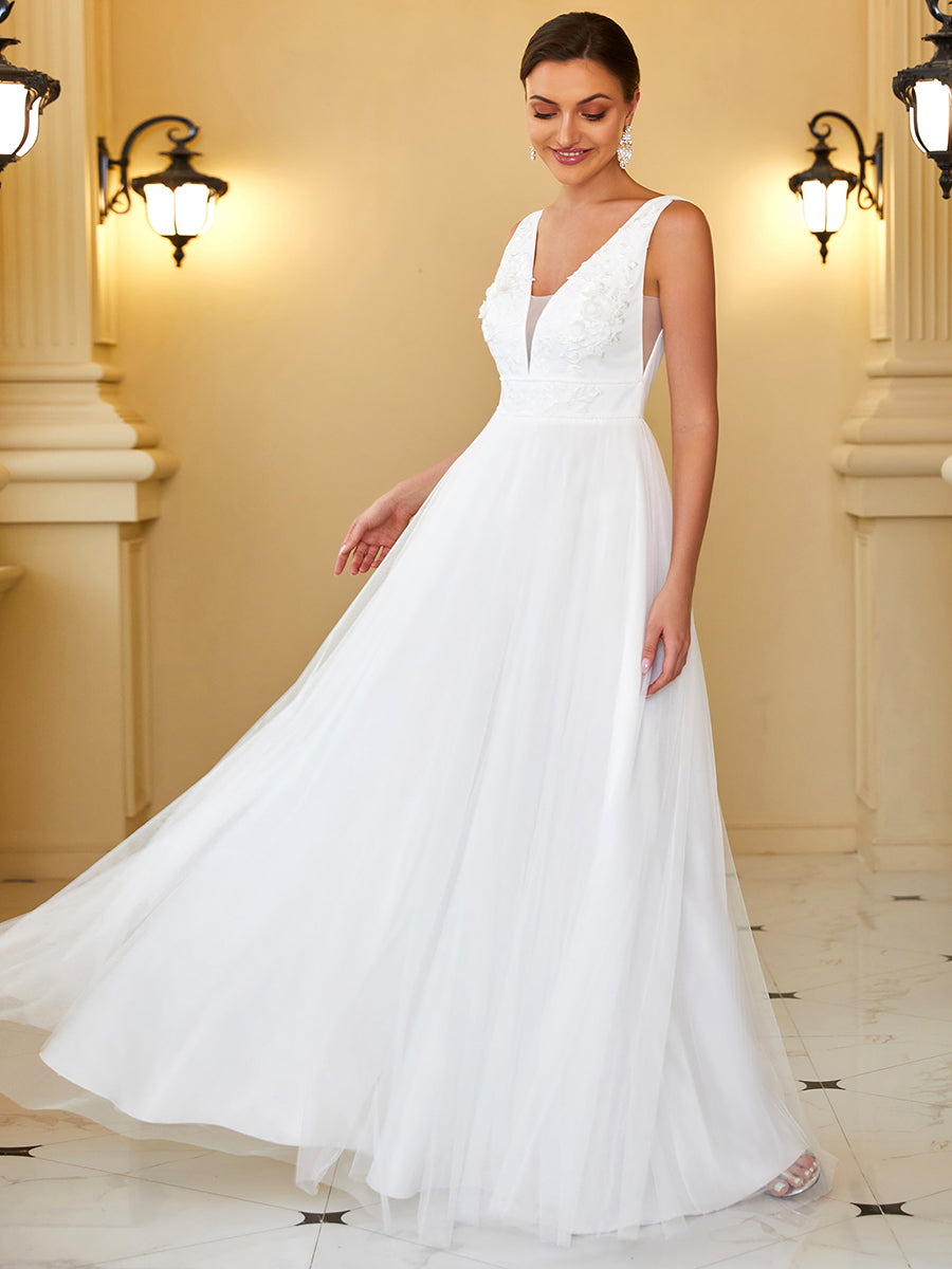 Elegant Sleeveless A Line Wholesale Wedding Dresses with Deep V Neck