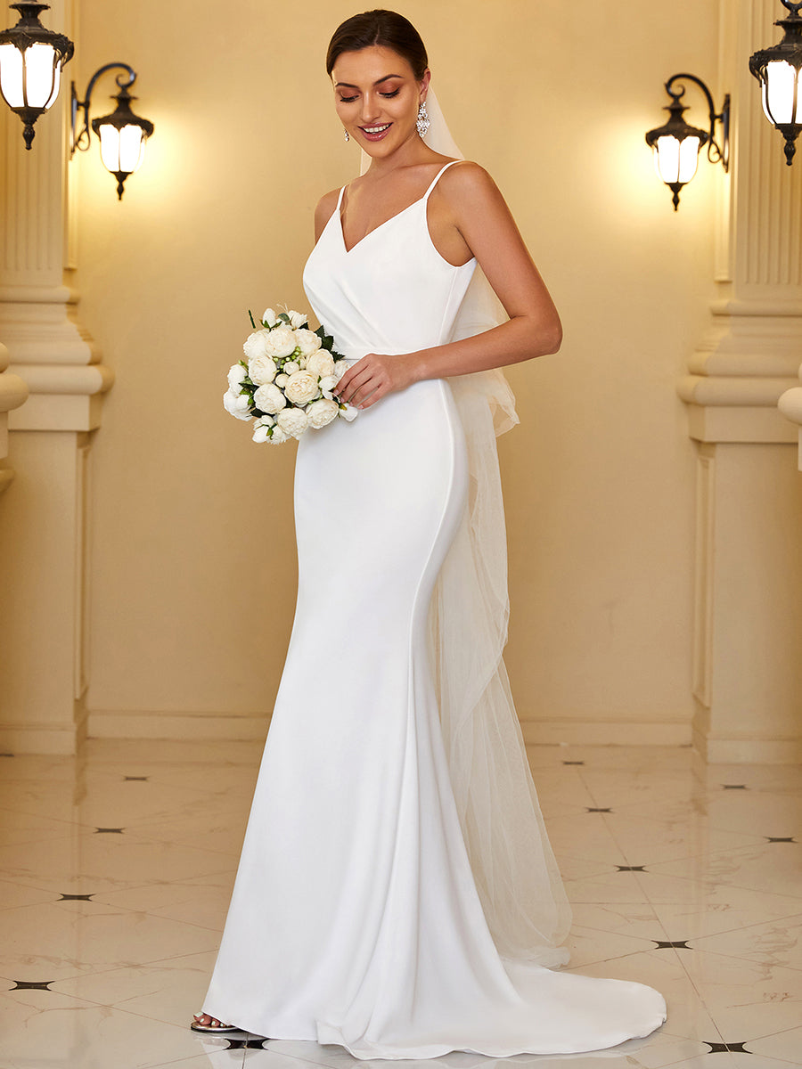 V Neck Floor Length Wholesale Wedding Dresses with Spaghetti Strap