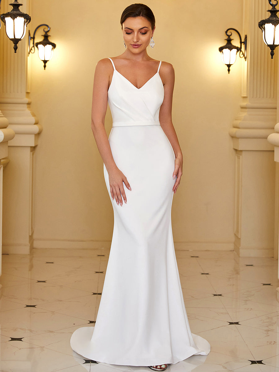V Neck Floor Length Wholesale Wedding Dresses with Spaghetti Strap