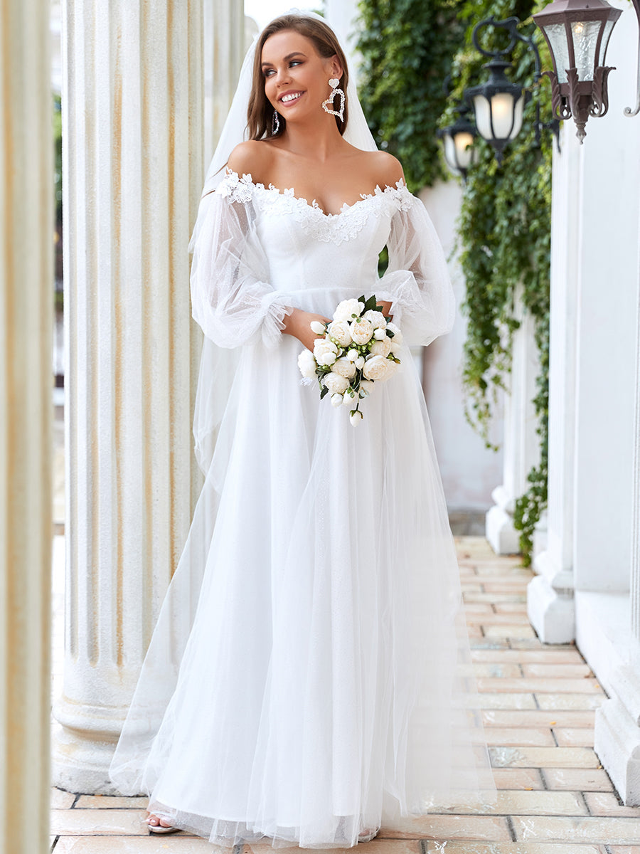 A Line V Neck Bishop Sleeves Wholesale Wedding Dresses