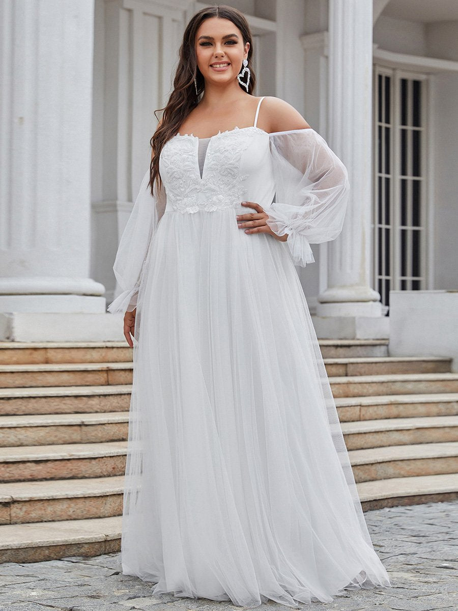 Color=Cream | See Through Lantern Sleeves A Line Wholesale Wedding Dresses-Cream 1