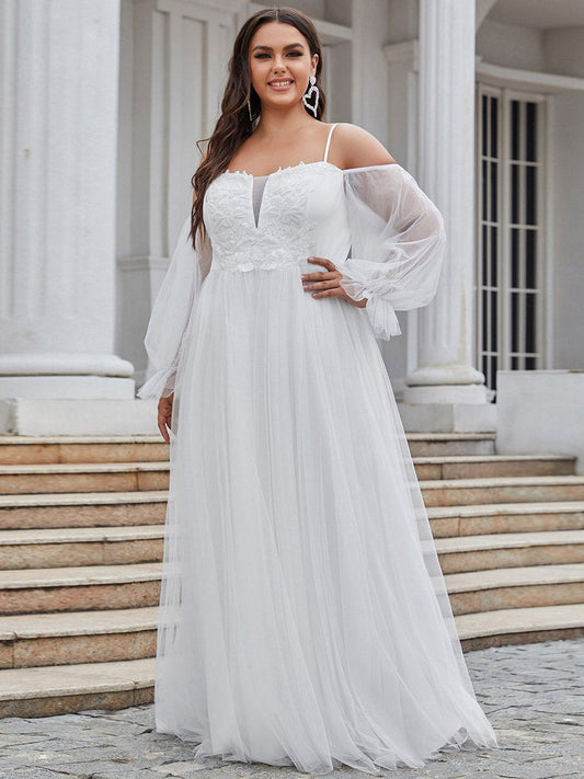 Color=Cream | See Through Lantern Sleeves A Line Wholesale Wedding Dresses-Cream 1