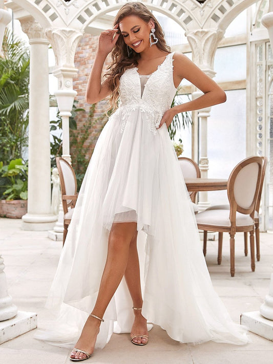 Color=Cream | Deep V Neck Sleeveless Asymmetrical Hem Wholesale Wedding Dresses-Cream 1