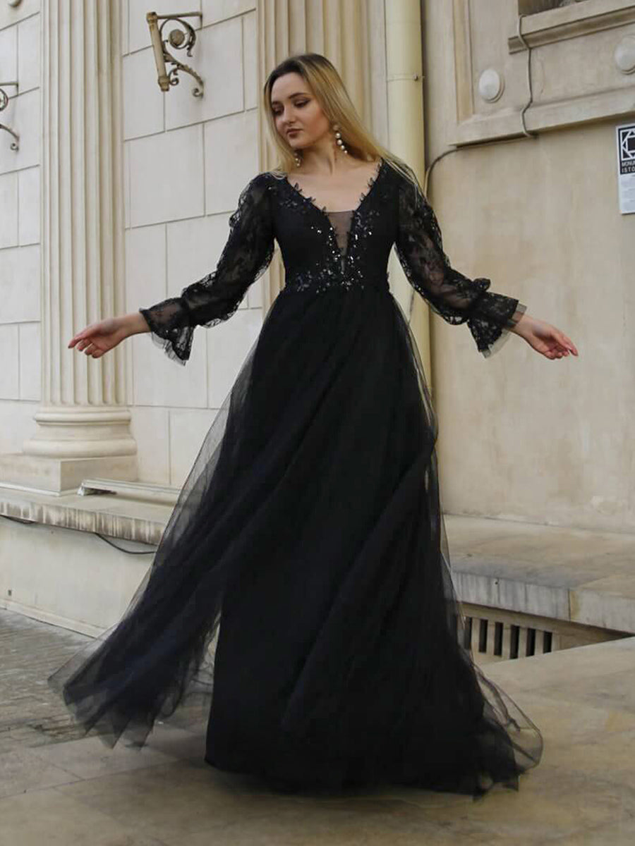 Color=Black | Floor Length A Line Long Puff Sleeves Wholesale Wedding Dresses-Black 1