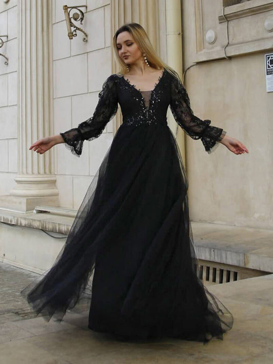 Color=Black | Floor Length A Line Long Puff Sleeves Wholesale Wedding Dresses-Black 1