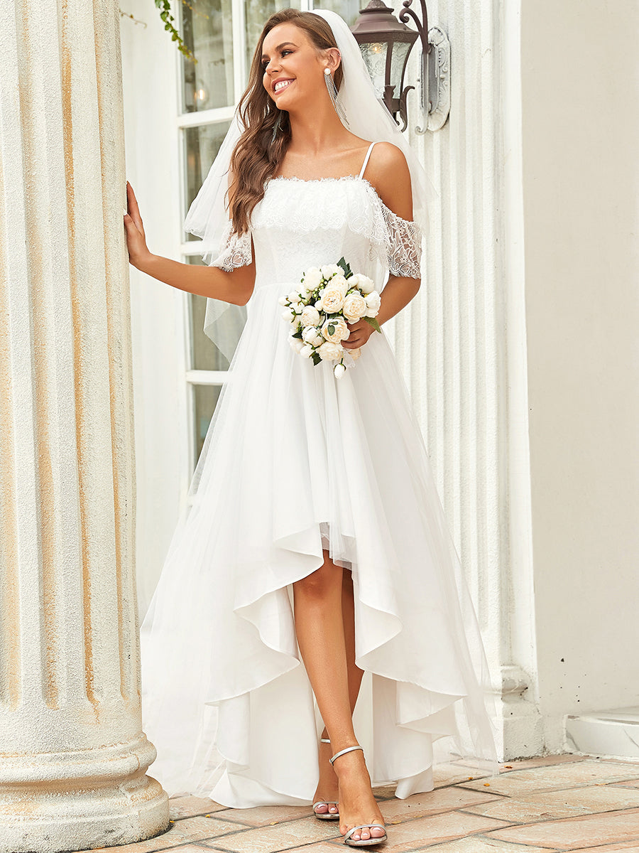 Off Shoulder Asymmetrical Hem Wholesale Lace & Tulle Wedding Dresses