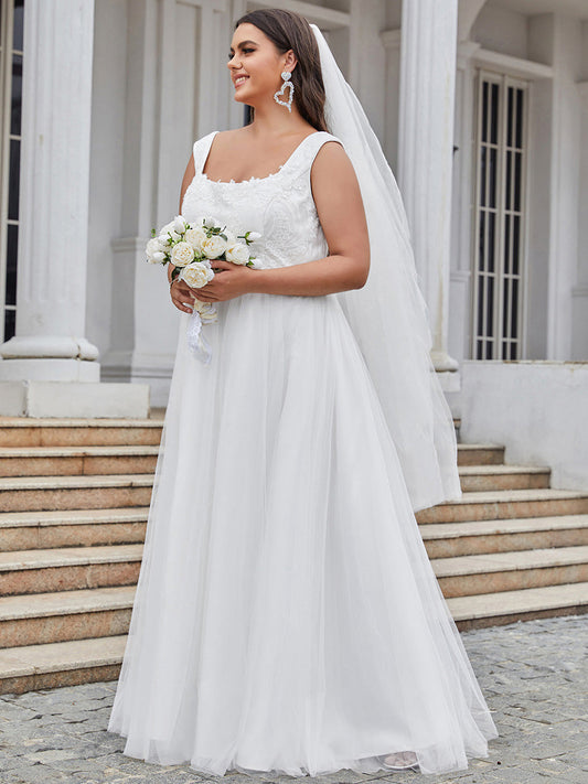 Color=Cream | Plus Size Floor Length Square Neckline Wholesale Wedding Dresses-Cream 1