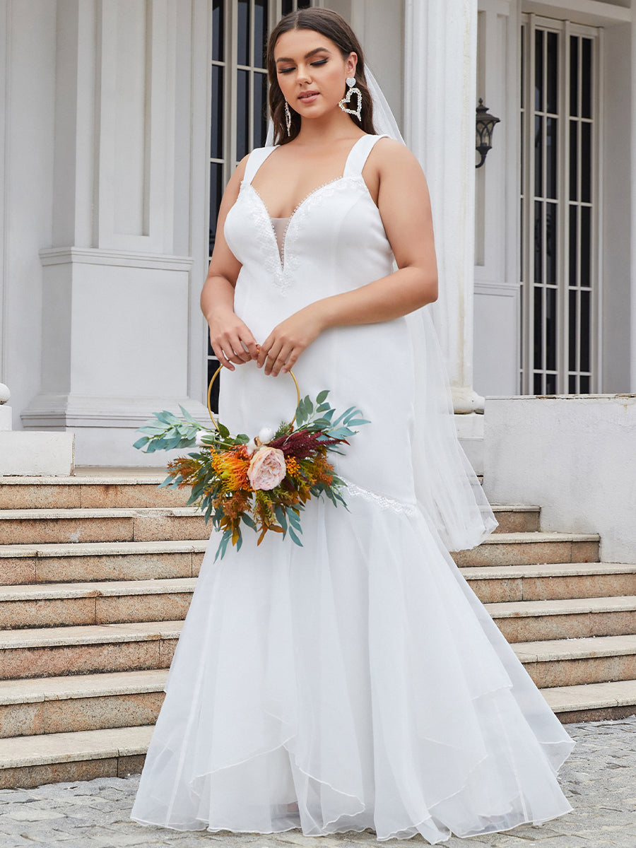 Color=Cream | Plus Size V Neck Fishtail Silhouette Wholesale Wedding Dresses-Cream 1