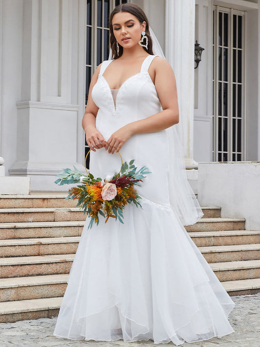 Color=Cream | Plus Size V Neck Fishtail Silhouette Wholesale Wedding Dresses-Cream 1