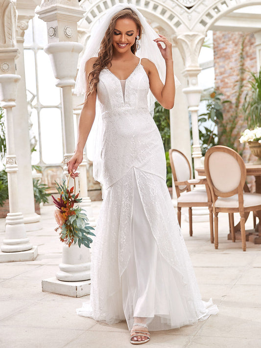 Color=Cream | V Neck Spaghetti Straps Floor Length Wholesale Wedding Dresses-Cream 1