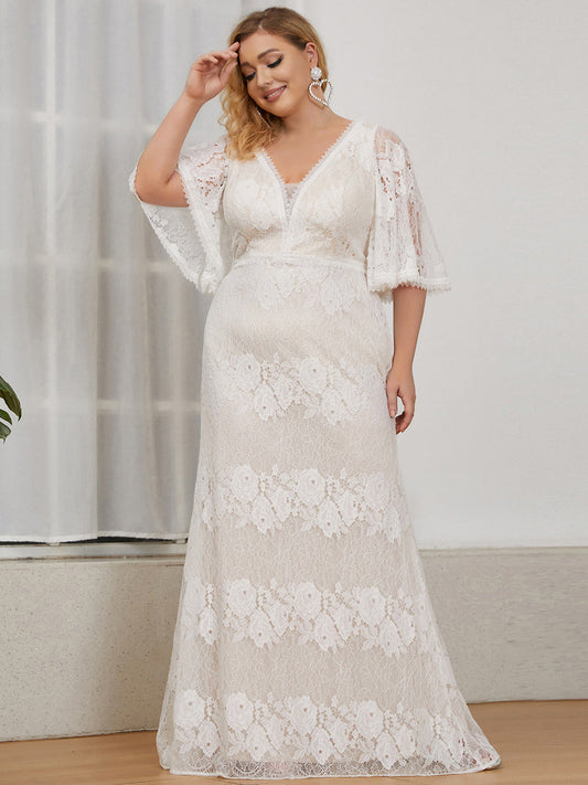 Color=Cream | Deep V-Neck Short Ruffles Sleeves Wholesale Wedding Dresses-Cream 1