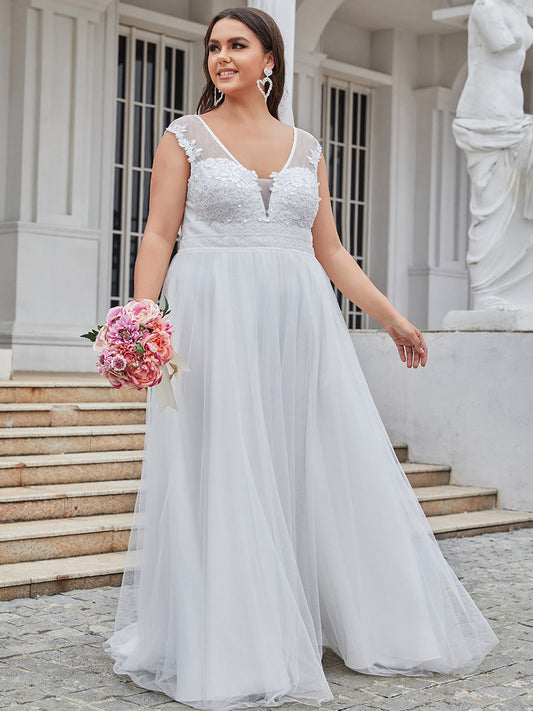 Color=Cream | Sleeveless Deep V Neck Floor Length Wholesale Wedding Dresses-Cream 1