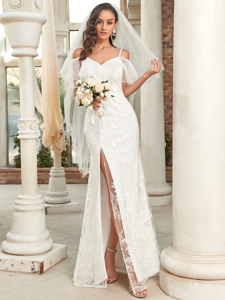 Off Shoulder Ruffles Sleeves Wholesale Lace & Tulle Wedding Dresses