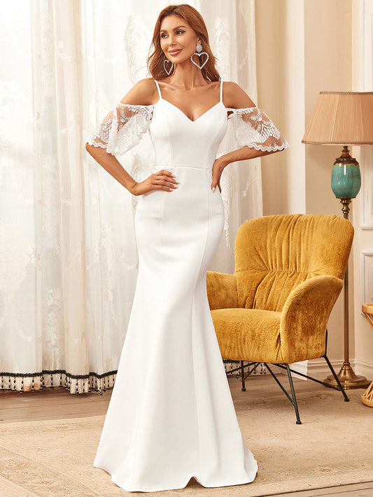 Color=Cream | Spaghetti Straps Deep V Neck A Line Wholesale Wedding Dresses-Cream 1
