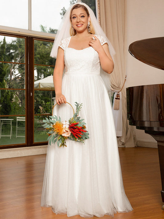 Color=White | Square Neckline A-line Cover Sleeves Wholesale Wedding Dresses-White 1