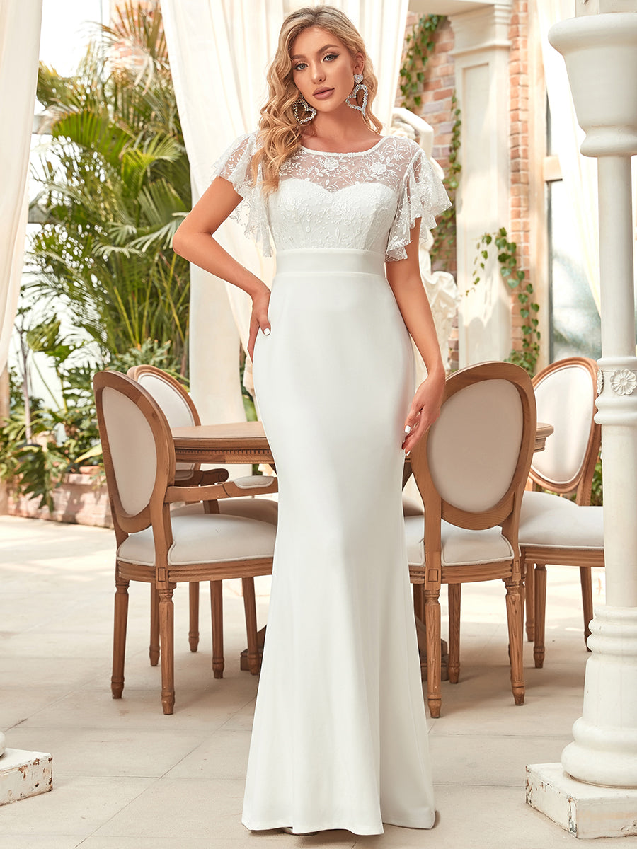 Color=White | Ruffles Sleeves Round Neck Fishtail Wholesale Wedding Dresses-White 1