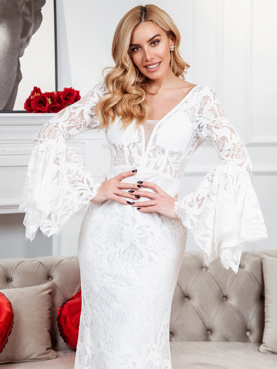 Long Bat-Wing Sleeves V-neck Fishtail Wholesale Wedding Dresses