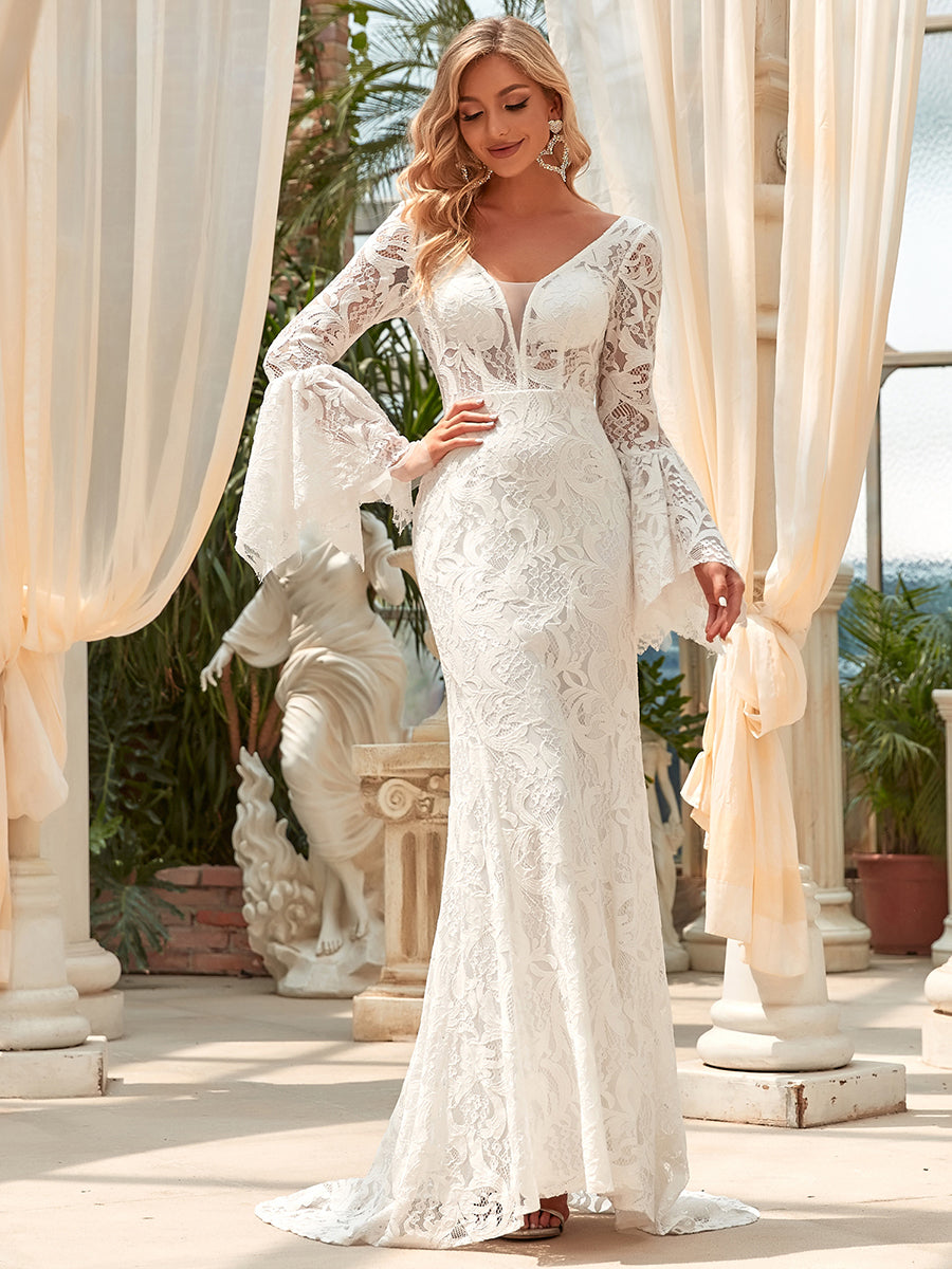 Long Bat-Wing Sleeves V-neck Fishtail Wholesale Wedding Dresses