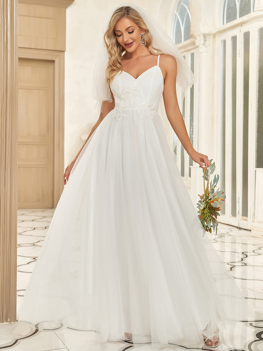 Color=White | Deep V Neck A Line Backless Wholesale Wedding Dresses-White 1
