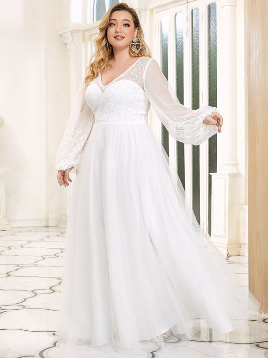 Color=White | V-neck A Line Long Sleeves Embroidered Wholesale Wedding Dresses-White 1