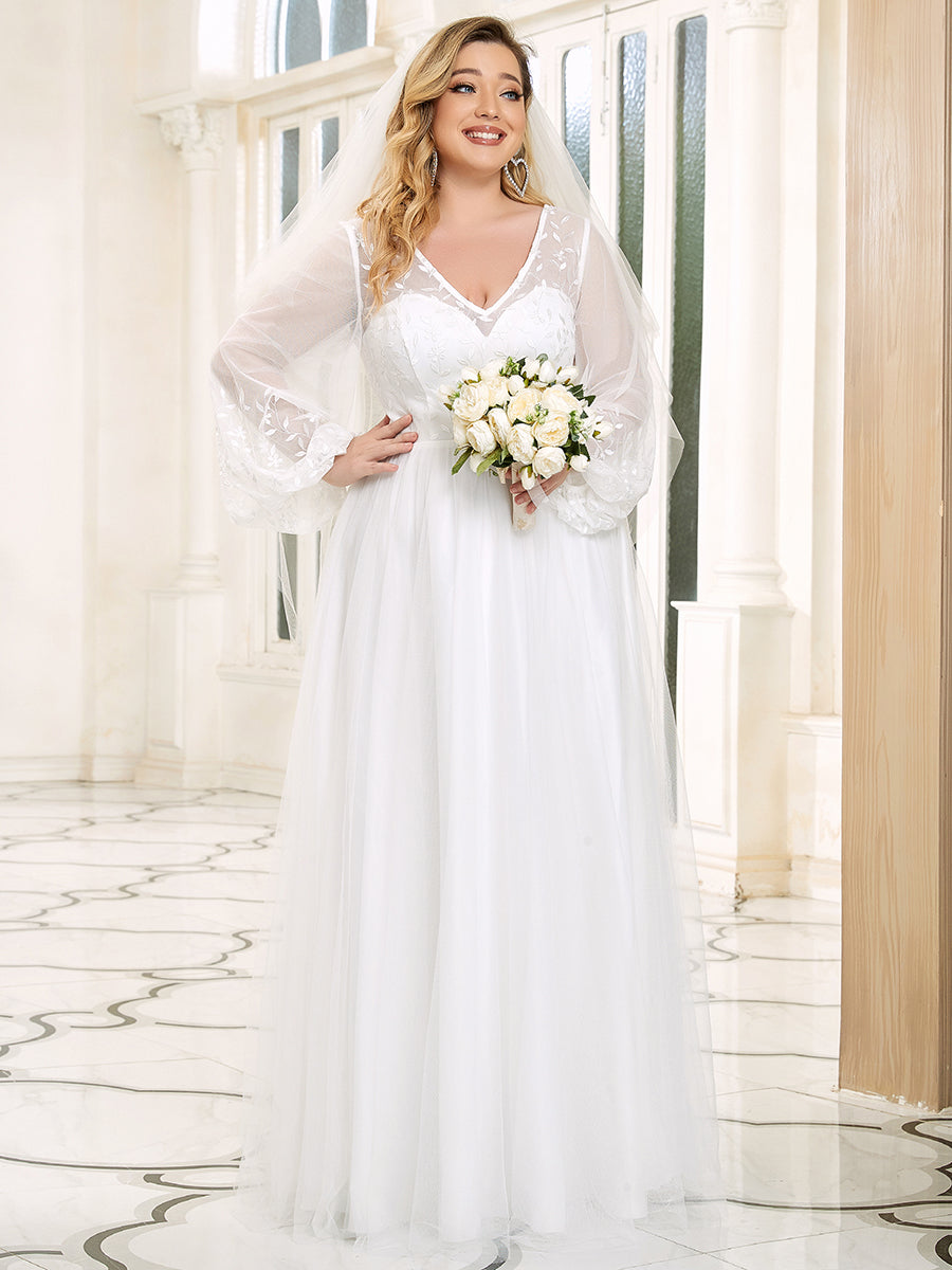 V-neck A Line Long Sleeves Embroidered Wholesale Wedding Dresses