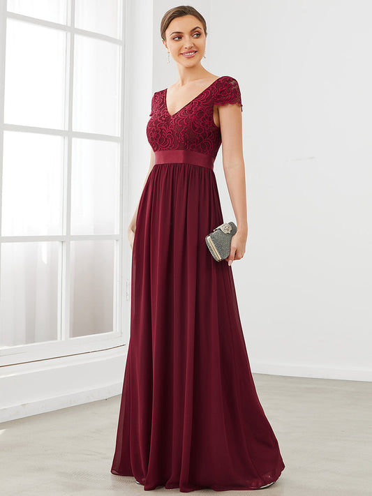 Color=Burgundy | Deep V Neck A Line Cover Sleeves Wholesale Bridesmaid Dresses-Burgundy 1