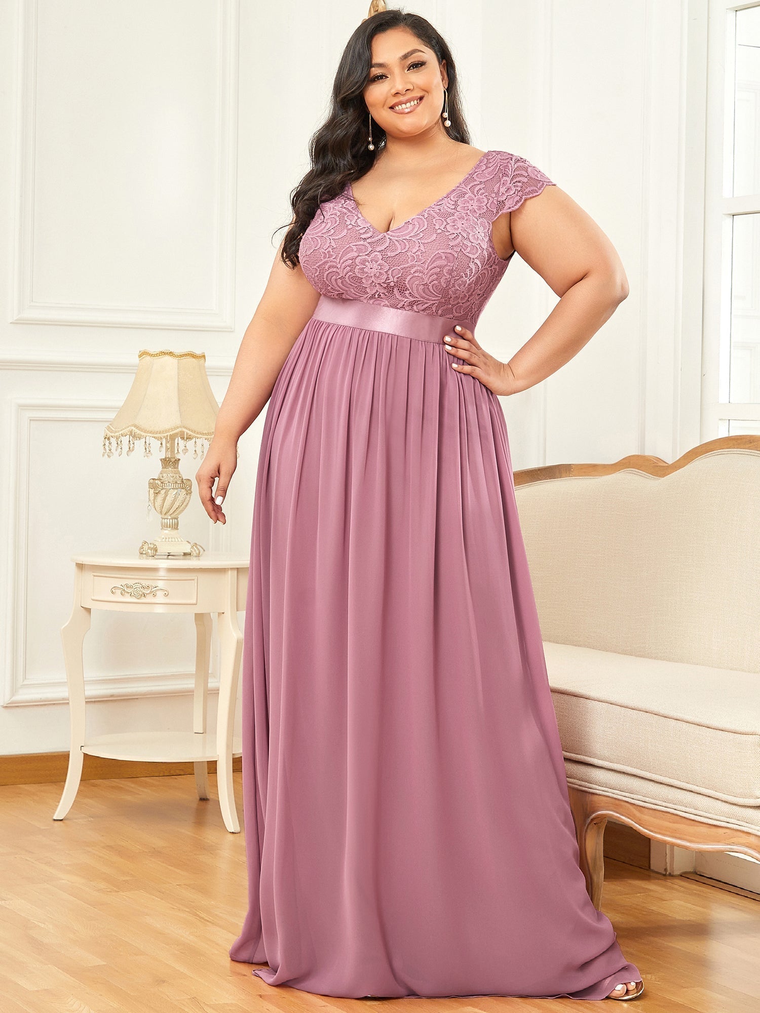 Color=Orchid | Deep V Neck A Line Cover Sleeves Wholesale Bridesmaid Dresses-Orchid 1