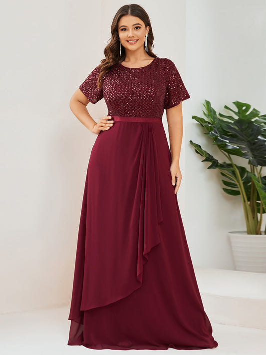 Color=Burgundy | Short Sleeves Round Neck A Line Wholesale Mother of the Bride Dresses-Burgundy 1