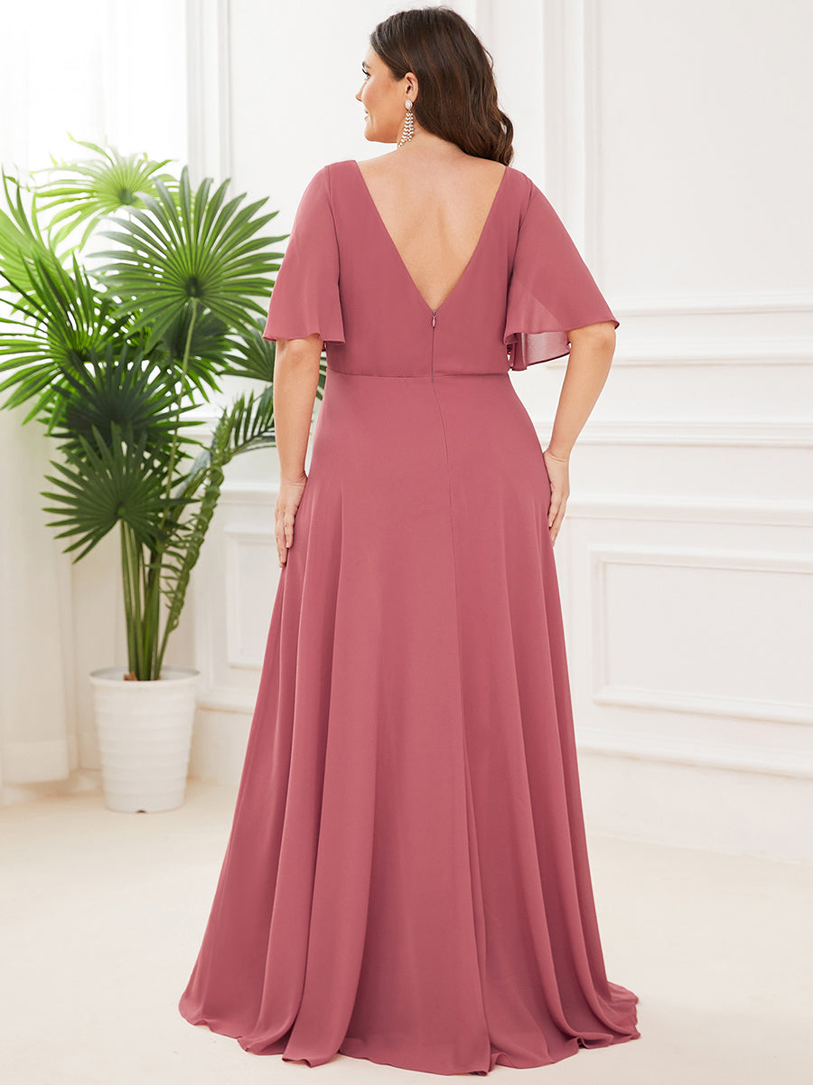 Plus Size Deep V Neck Short Ruffles Sleeves A Line Wholesale Bridesmaid Dresses