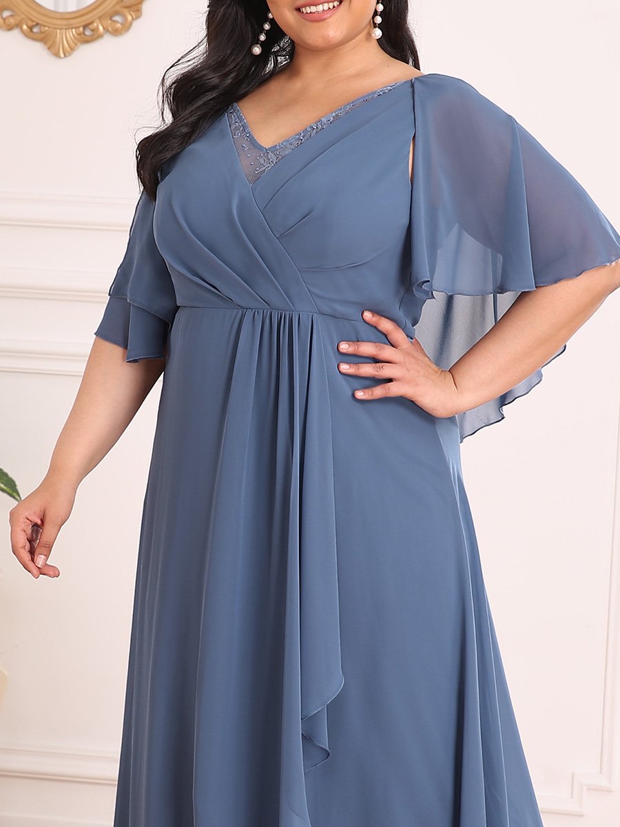 Flutter Sleeve V-Neck Floor-length Plus Szie Mother Dress
