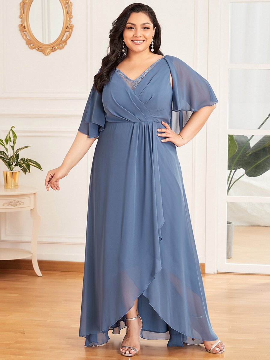 Color=Dusty Navy | Flutter Sleeve V-Neck Floor-length Plus Szie Mother Dress-Dusty Navy 1