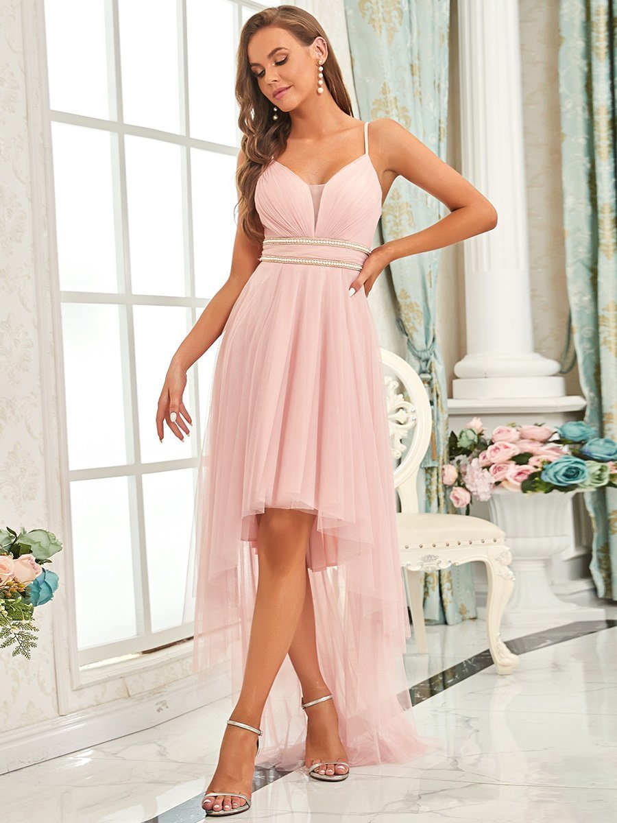Color=Pink | Modest Wholesale High-Low Tulle Prom Dress For Women-Pink 1