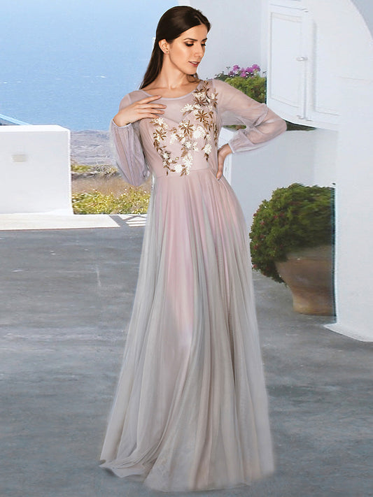 Color=Pink | Women'S Flowy A-Line Maxi Tulle Prom Dress With Appliques-Pink 1