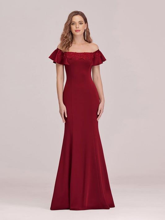 Color=Burgundy | Sexy Off Shoulder Wholesale Mermaid Evening Dress With Appliques-Burgundy 1