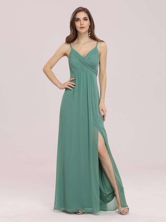 Color=Green Bean | Women'S Wholesale V Neck Chiffon Bridesmaid Dress With Side Split-Green Bean 1