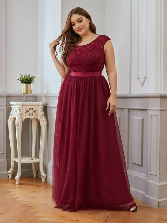 Color=Burgundy | Elegant Plus Size Round Neck Tulip Sleeves Tulle Evening Dresses Wholesale-Burgundy 1