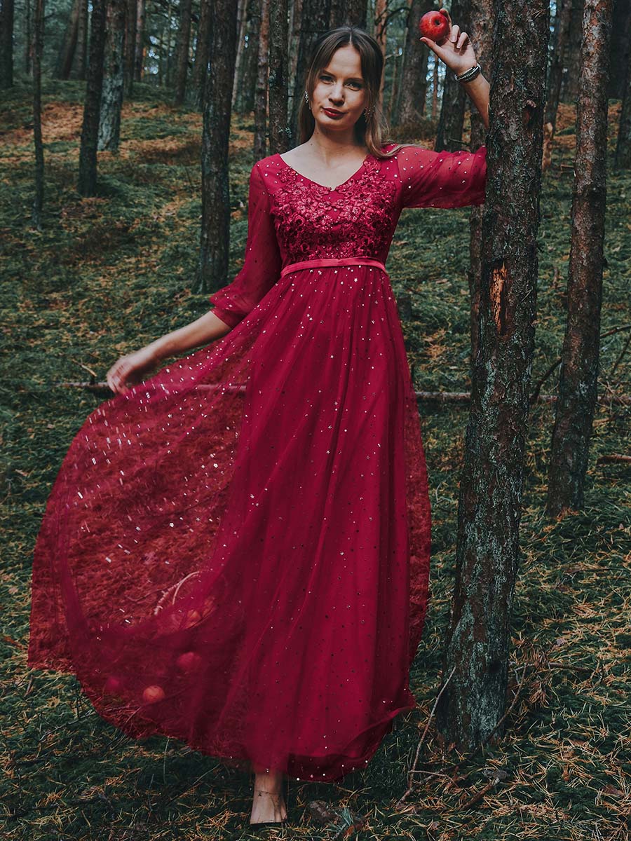 Color=Red | Fashion Maxi V Neck Tulle Wholesale Evening Dress With Shiny Dot-Red 6