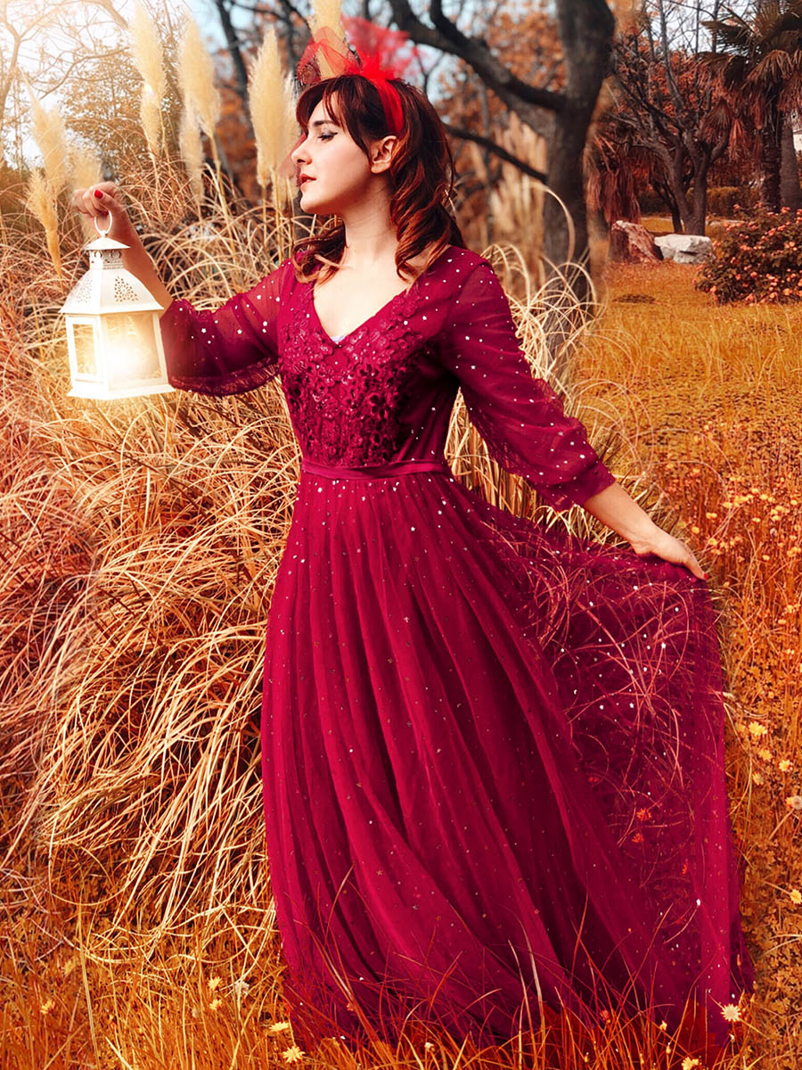 Fashion Maxi V Neck Tulle Wholesale Evening Dress with Shiny Dot