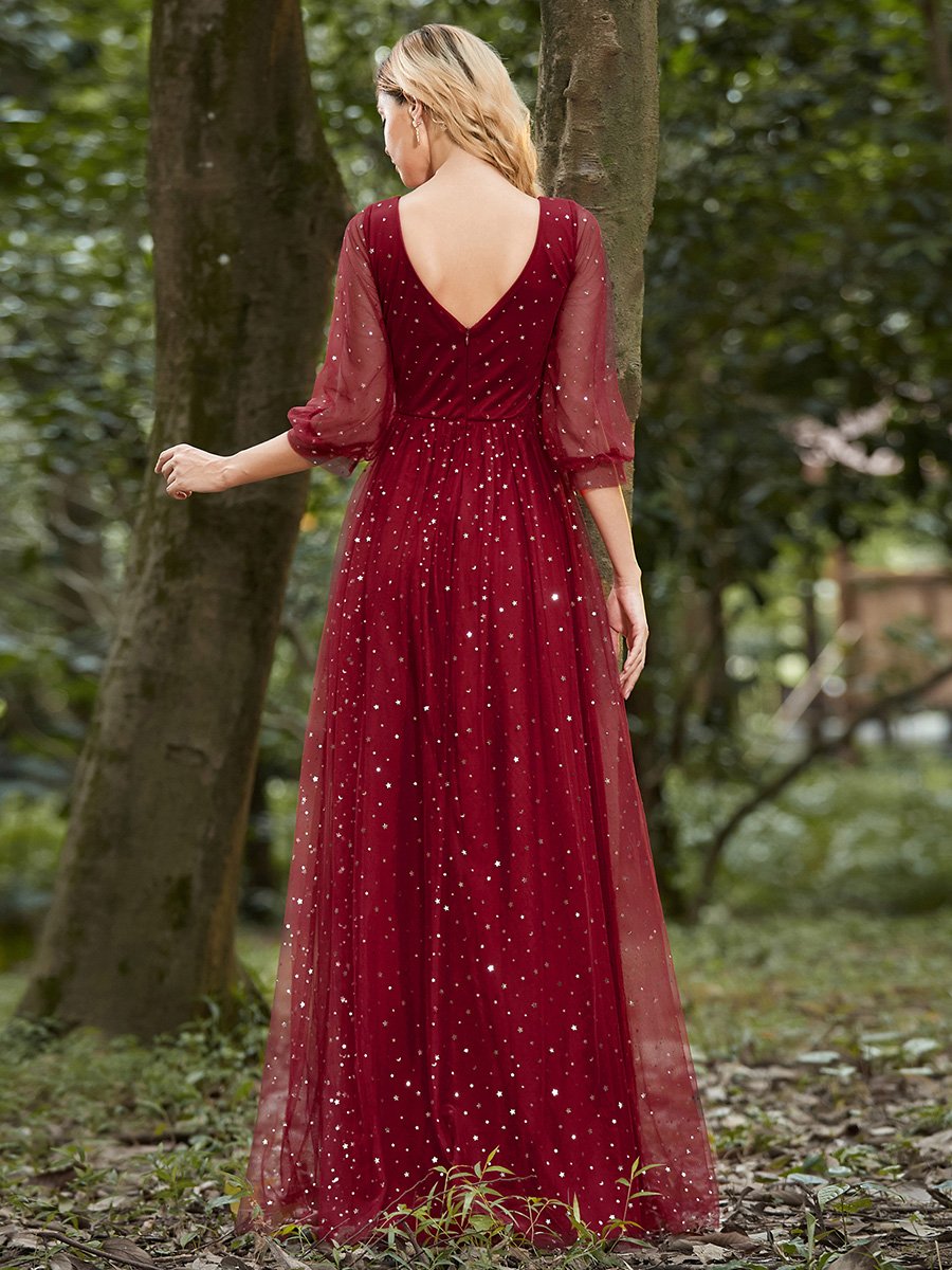 Fashion Maxi V Neck Tulle Wholesale Evening Dress with Shiny Dot